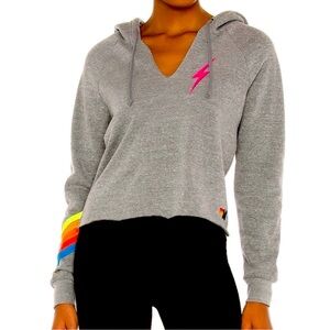 Aviator Nation Cropped Stitch Lightening Bolt Hoodie